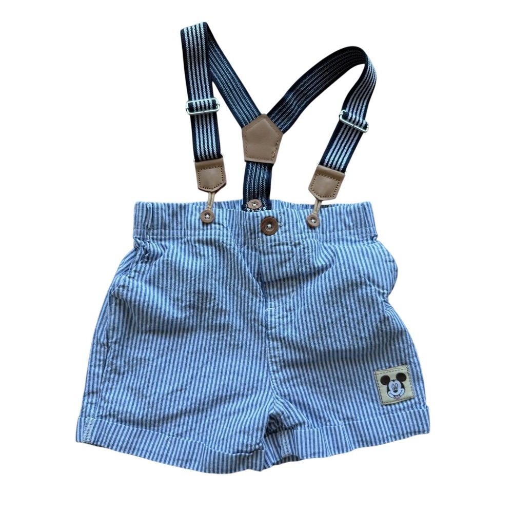 Disney Baby Mickey Mouse Seersucker Suspender Shorts Blue White Pinstripe 6/9M